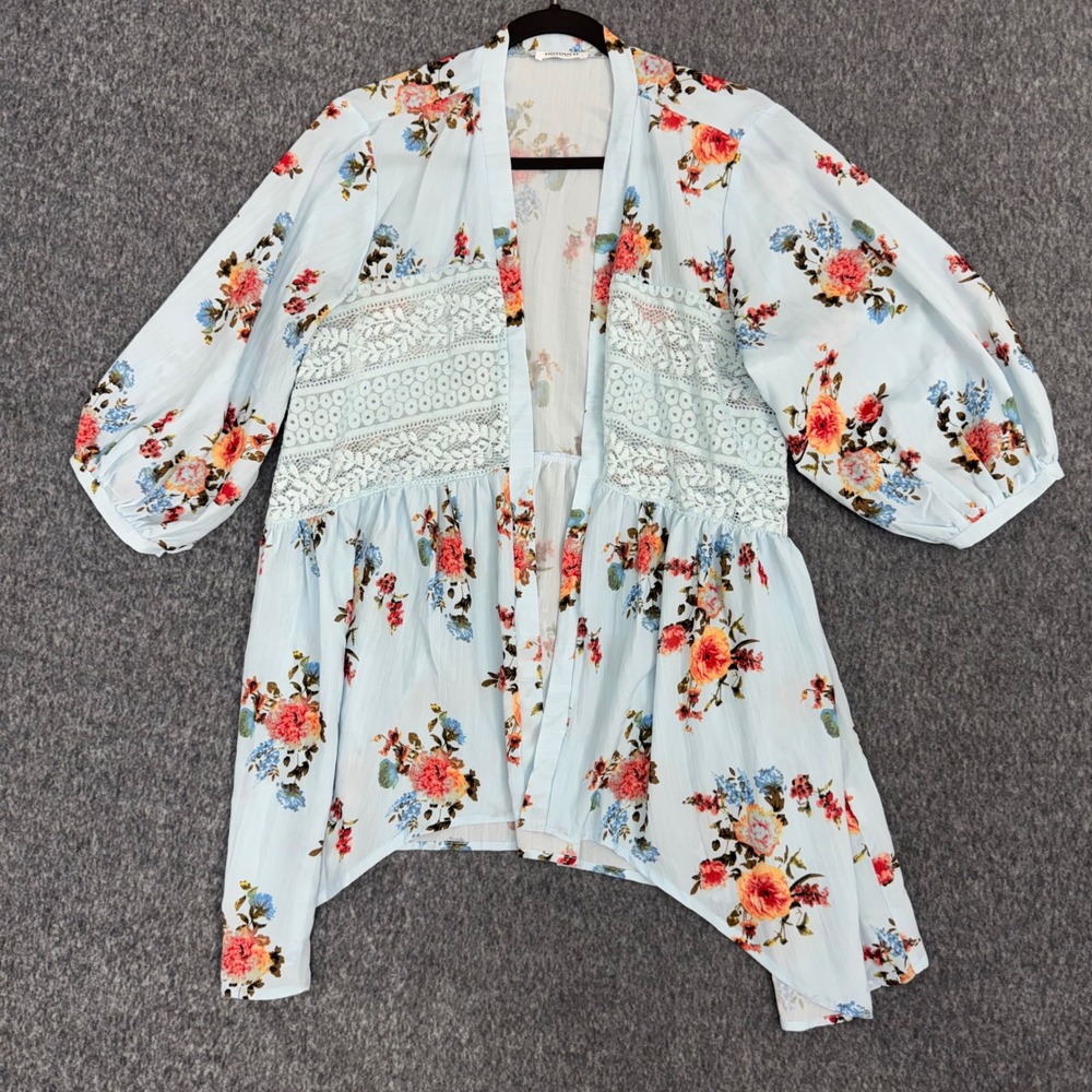 Hotouch Floral Kimono Women Large Blue Crochet‎ Lace Peplum 3/4 Sleeve Cardigan